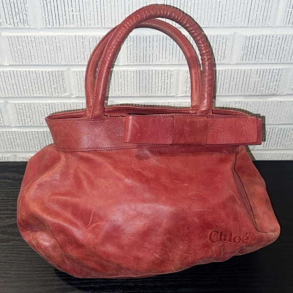 CHLOE Red Leather Bow Shoulder Bag - Picture 1 of 10